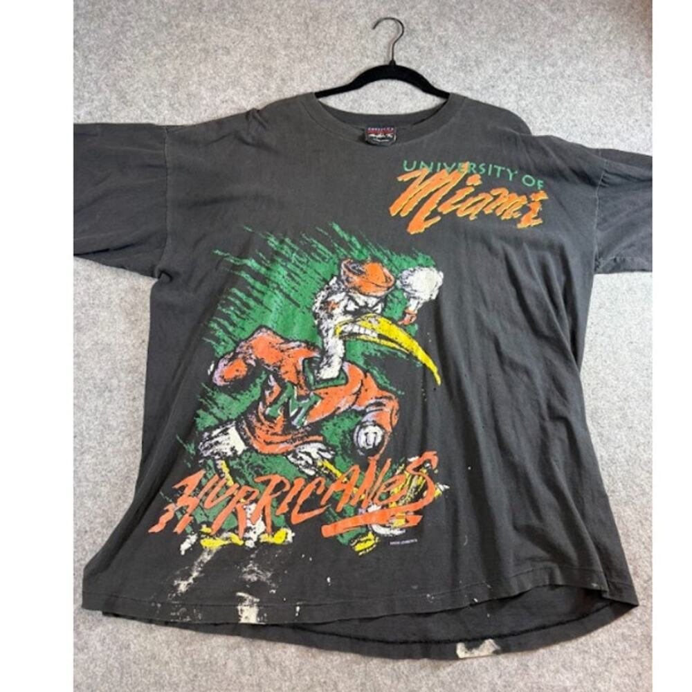 VTG 90s University of Miami Hurricanes Mascot Tshirt Mens XXL Black Collegiate